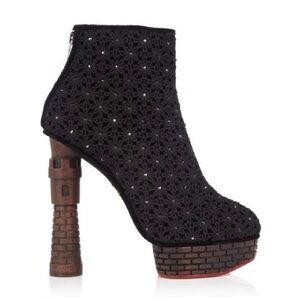 Charlotte Olympia Damsel in Distress Castle Tower Heel Crochet Platform Boots 38